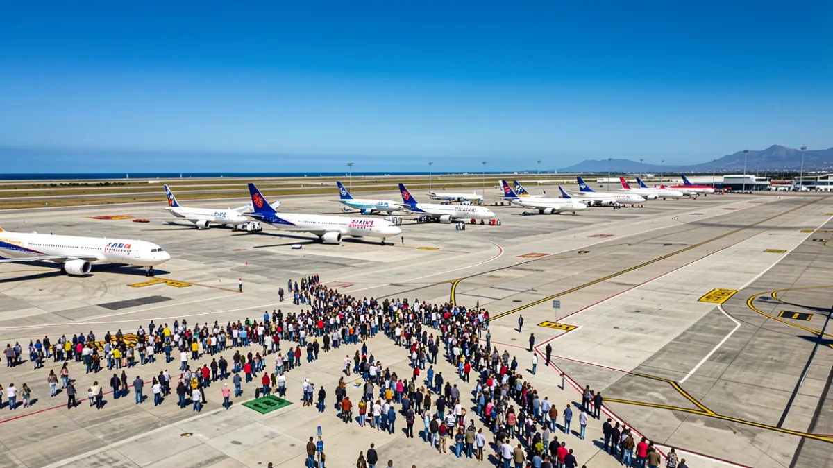 Aerial view of Gran Canaria airport tarmac with several airplanes parked.