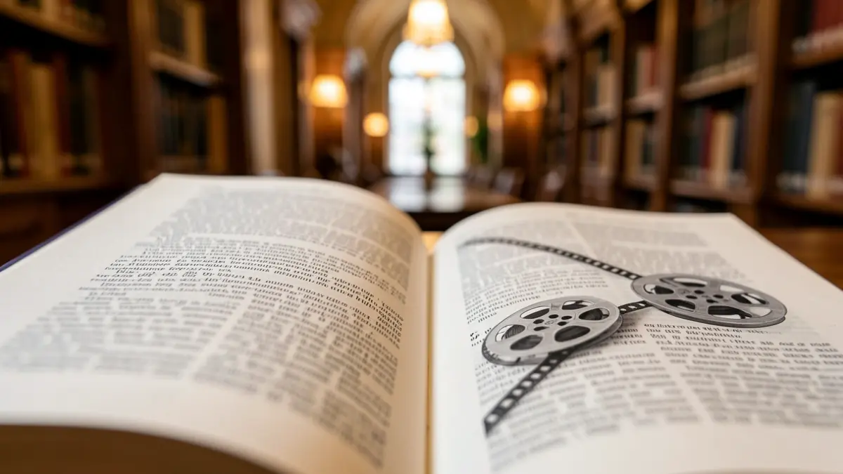 Image of an open book combining legal and cinematic themes, with film elements integrated into the pages.