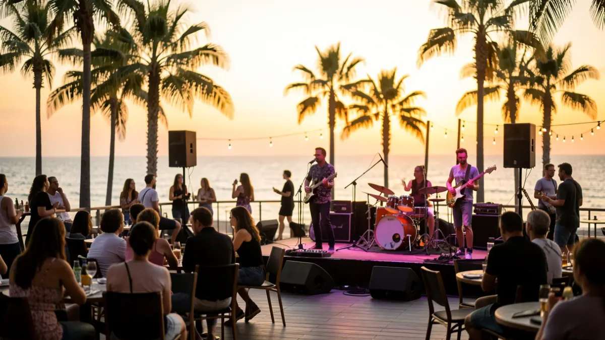 Terraza de bar gastrorock a pie de playa al atardecer con escenario para música en vivo.