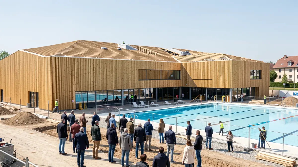 Imagen de las obras del Centro Insular de Deportes en Las Palmas de Gran Canaria, mostrando la instalación de la cubierta y la zona de la piscina.