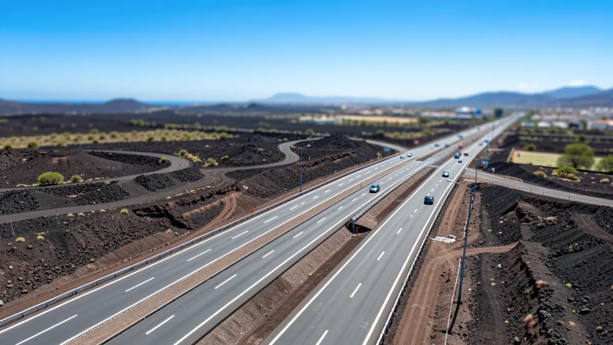 Generic image of highway construction in a volcanic landscape in the Canary Islands.
