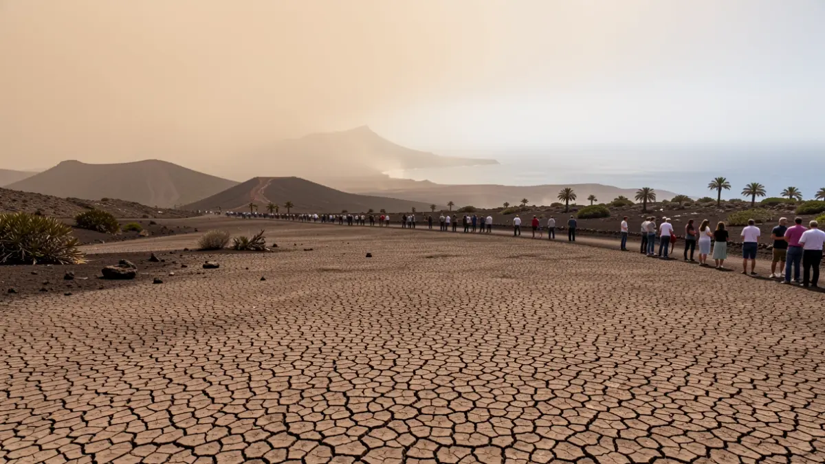 Paisaje volcánico de Canarias bajo un cielo brumoso y caluroso, con tierra agrietada.