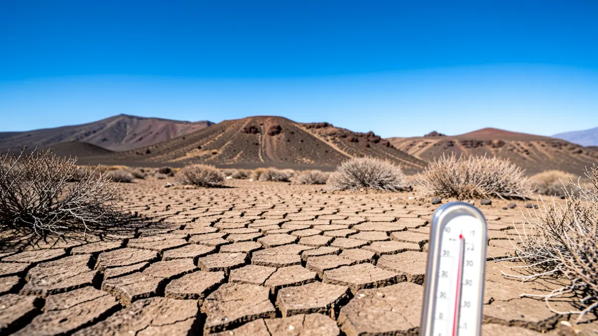 Volcanic landscape of Gran Canaria with dry, cracked earth under an intense sun and blue sky.