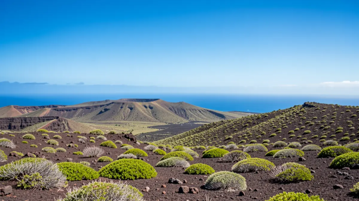 Blue sky over volcanic landscape of Canarias with vegetation and sea.