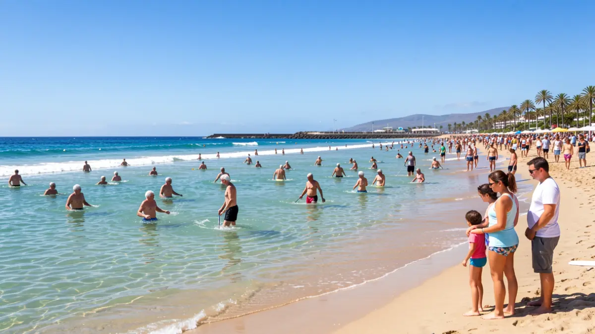 Personas mayores disfrutando de aquagym en la playa de Las Teresitas, Tenerife, acompañados por familiares.