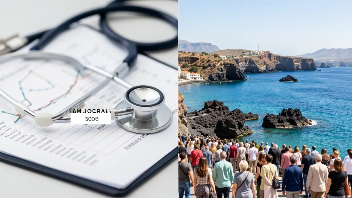 Split image: one side shows a stethoscope and medical charts with a low score, the other side a sunny Canary Islands coastline.