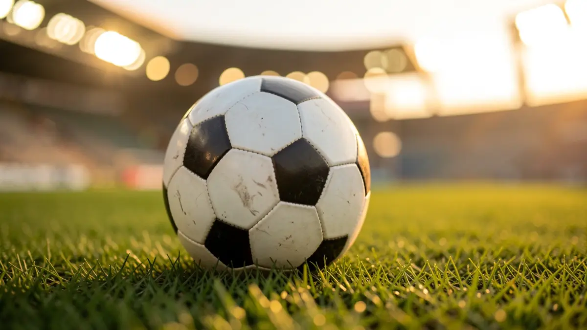 Generic image of a soccer ball on grass with stadium lighting.