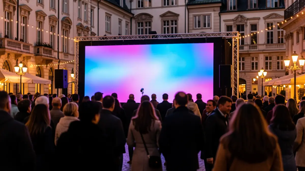 Generic image of a giant screen set up in a public square for watching a football match.