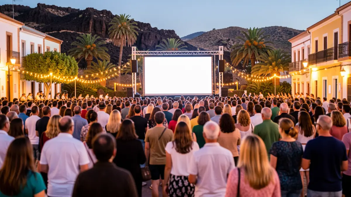 Generic image of a crowd watching a giant screen in a town square in the Canary Islands.