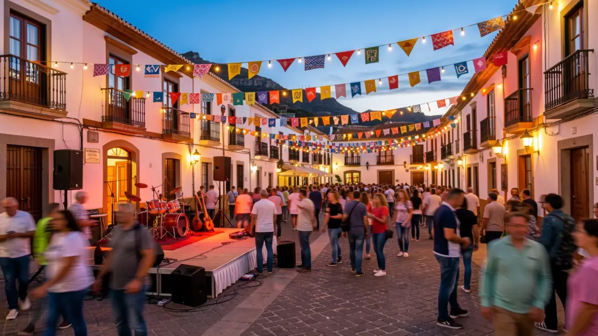 Imagen genérica de una plaza de pueblo canario decorada para fiestas con luces y escenario.
