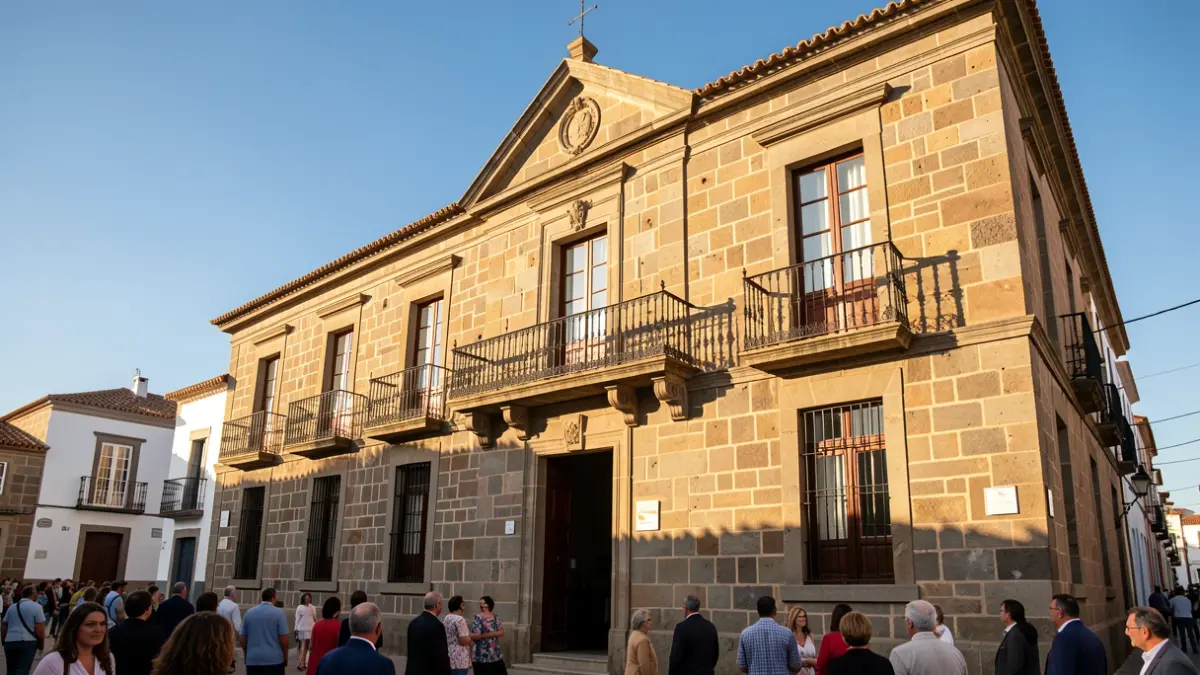 Fachada del Ayuntamiento de Agüimes con balcón y luz de tarde.