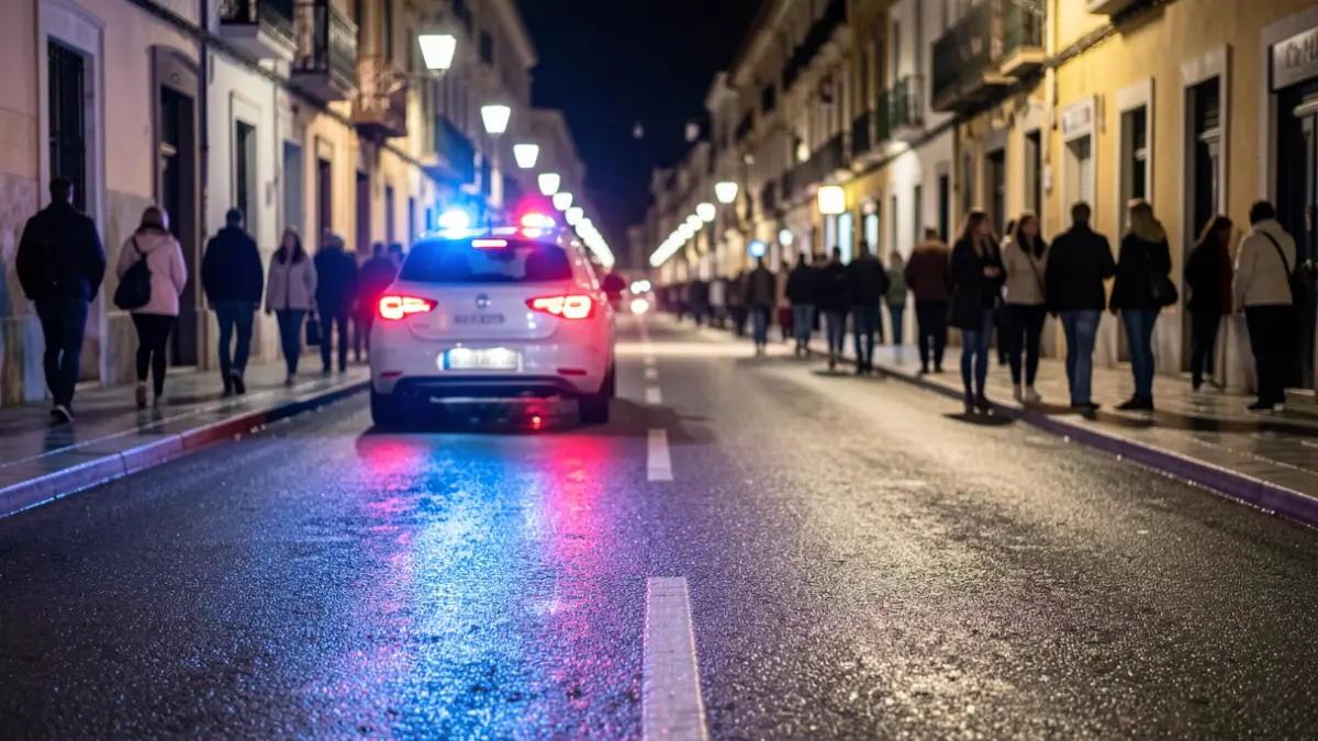 Imagen genérica de luces de emergencia policiales reflejándose en el asfalto mojado por la noche.
