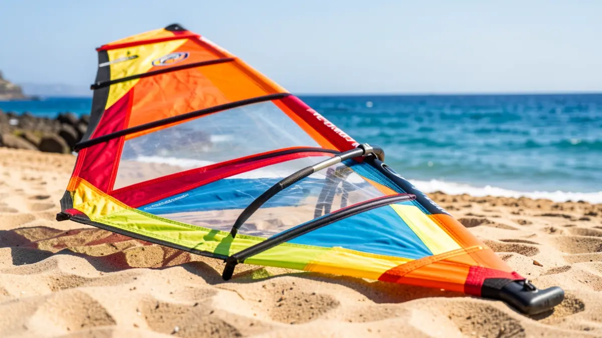 Vela de windsurf sobre la arena en la playa de Pozo Izquierdo.