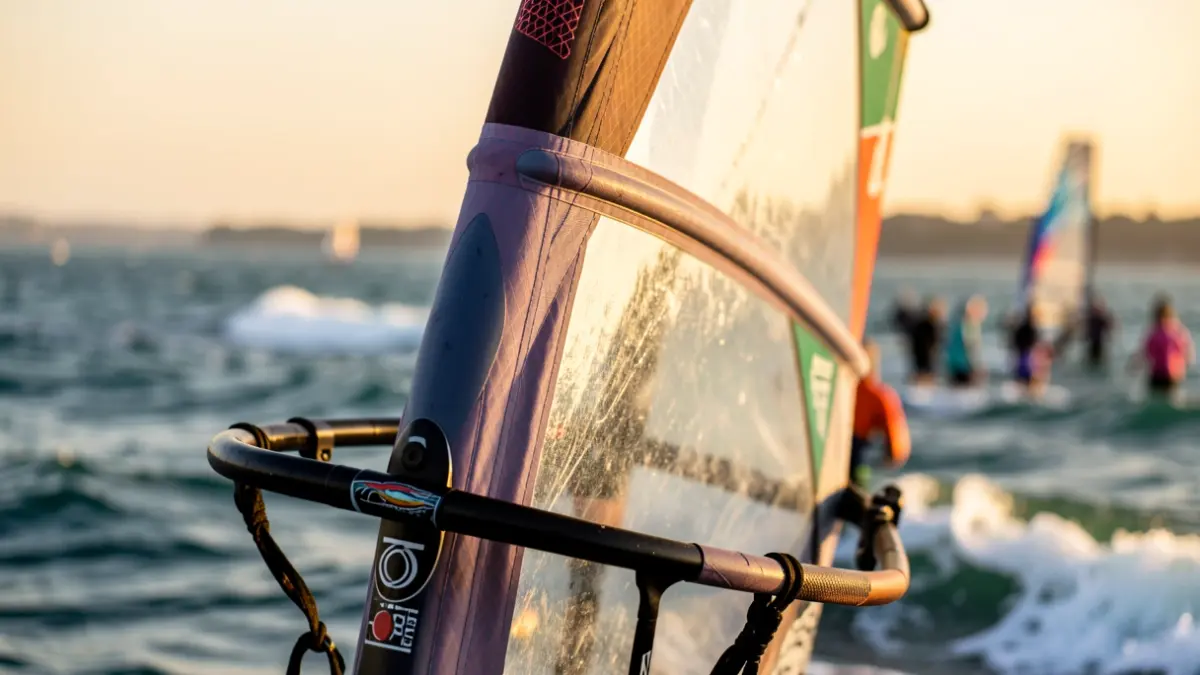 Generic image of a windsurf sail on the sea at sunset.