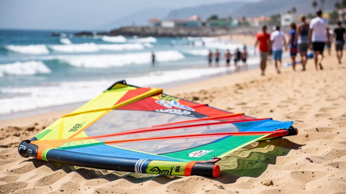 Vela de windsurf en la arena de la playa de Pozo Izquierdo durante la competición internacional.