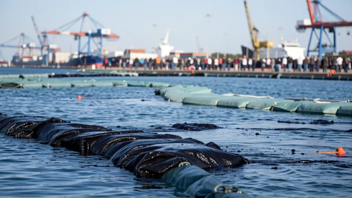Diesel spill on the water in the Port of Las Palmas contained by booms.