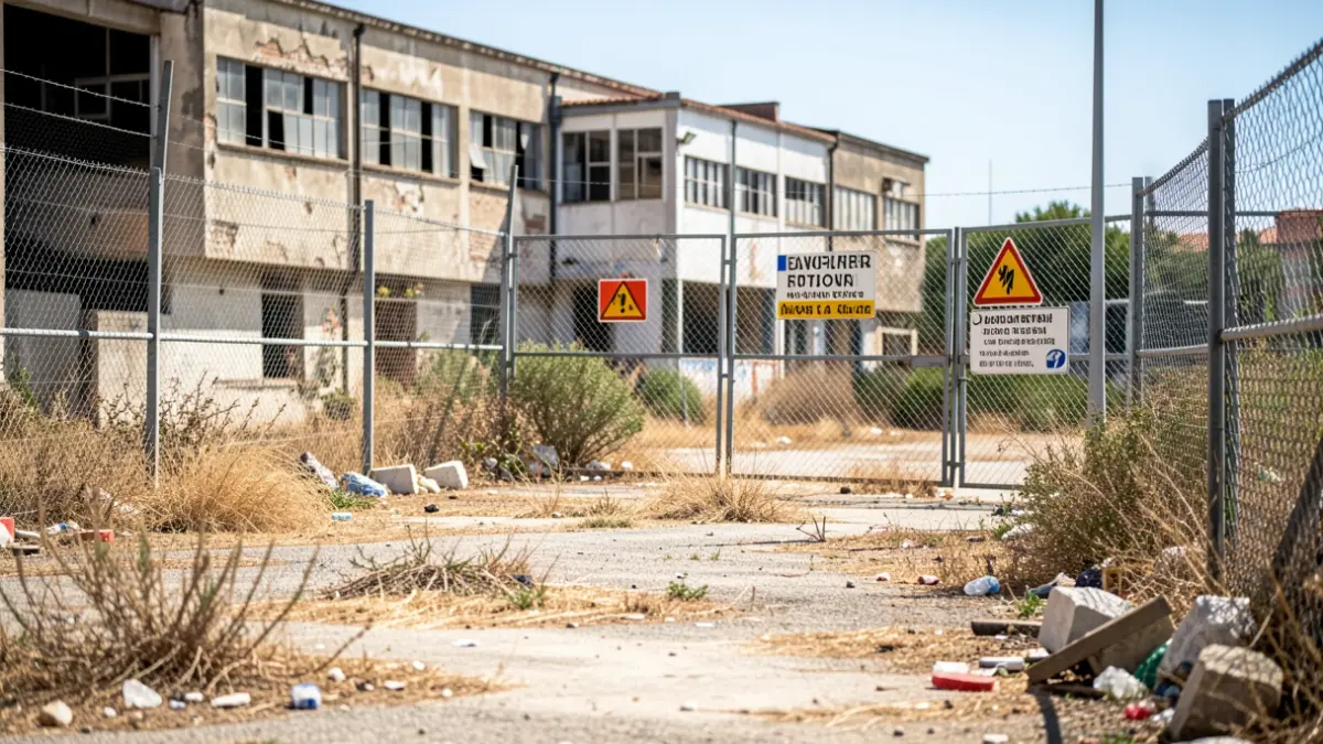 Image of an abandoned industrial area with security fencing.