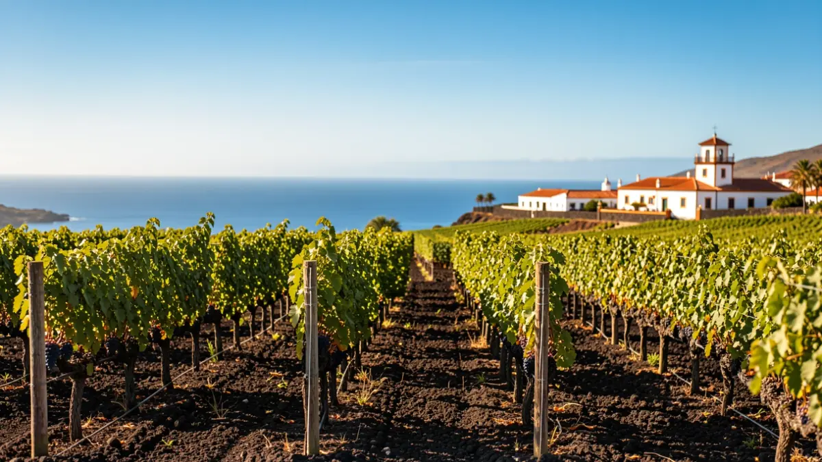 Viñedo en Fuerteventura con el océano al fondo y arquitectura canaria.