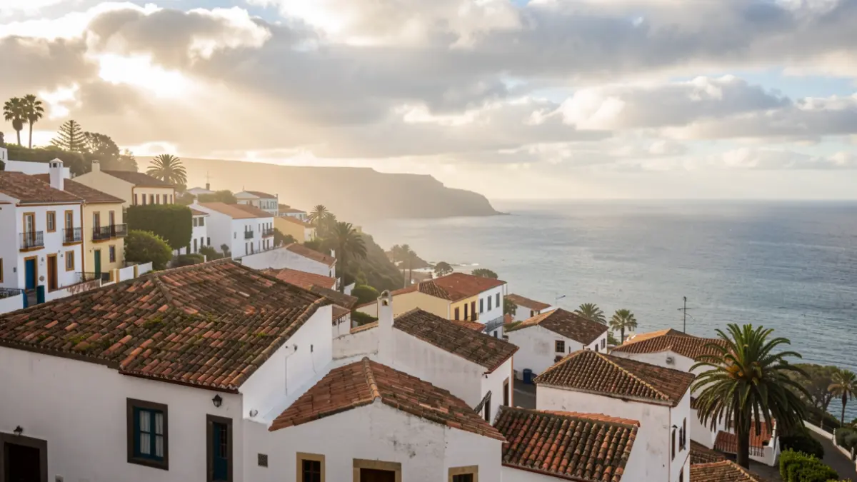 Generic image of the weather in Agaete with partly cloudy skies and Canarian architecture.