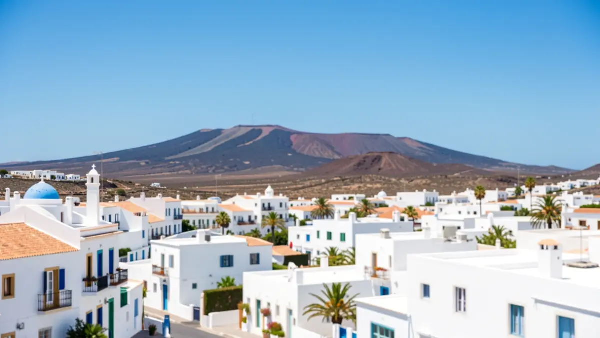 Clear sky over the town of Agüimes, Gran Canaria, with white houses and volcanic landscape.