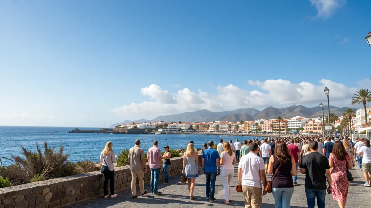 Cielo despejado sobre un pueblo costero en Canarias con sol brillante.