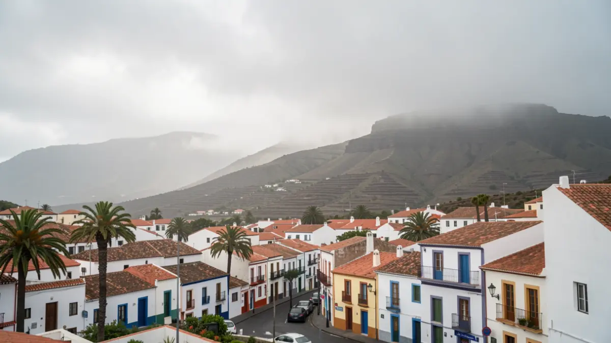 Generic image of a cloudy sky over a Canarian town with volcanic hills.