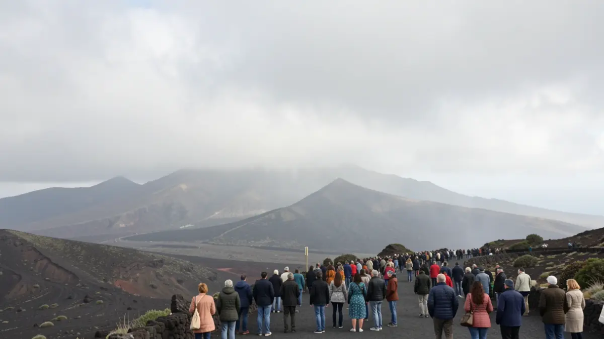 Cloudy sky with fog and haze over a volcanic landscape in the Canary Islands.
