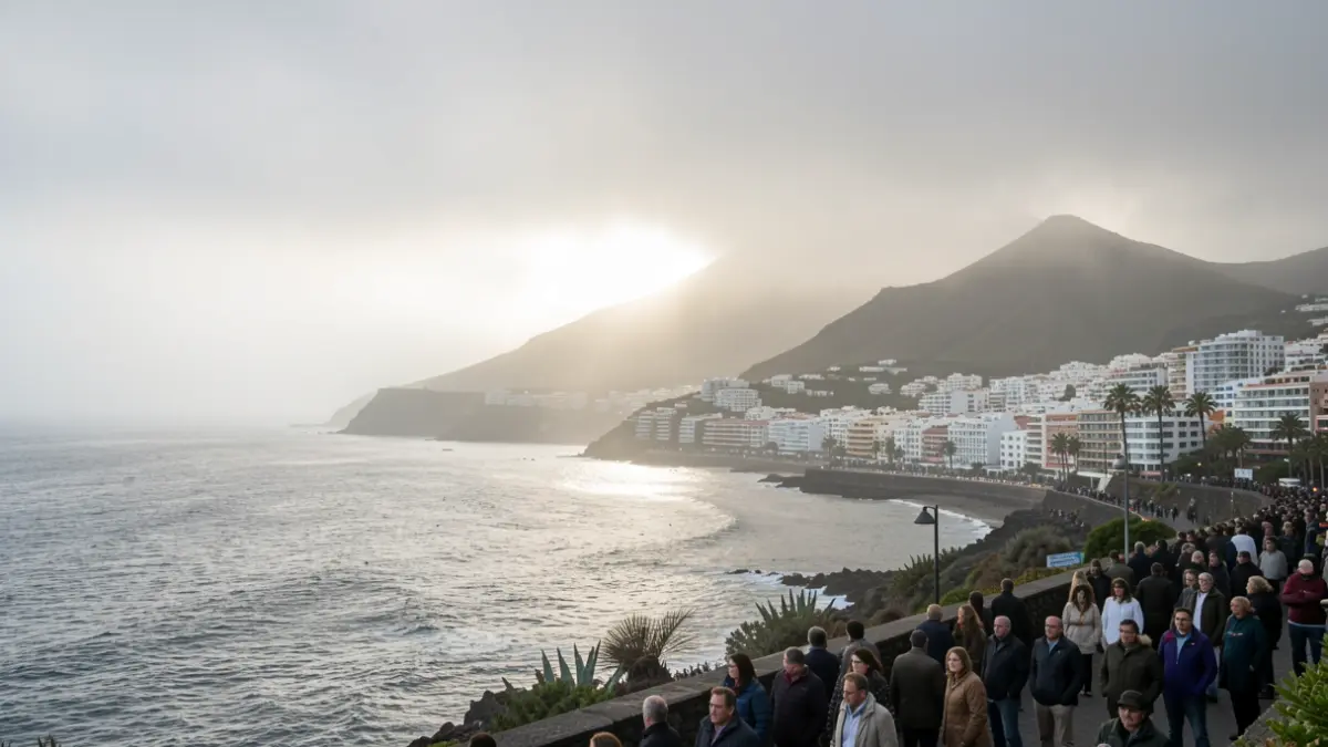 Generic image of morning fog over a coastal town in the Canary Islands with volcanic landscape.