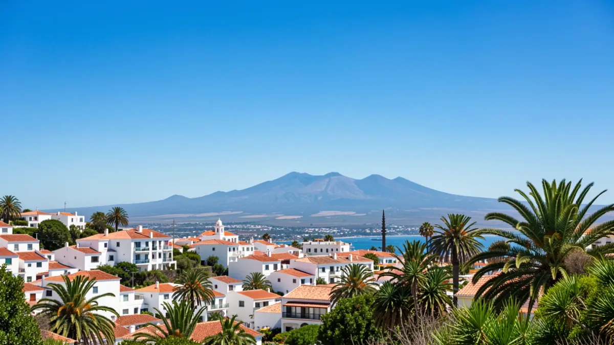 Cielo despejado sobre La Guancha, Tenerife, con paisaje volcánico al fondo.