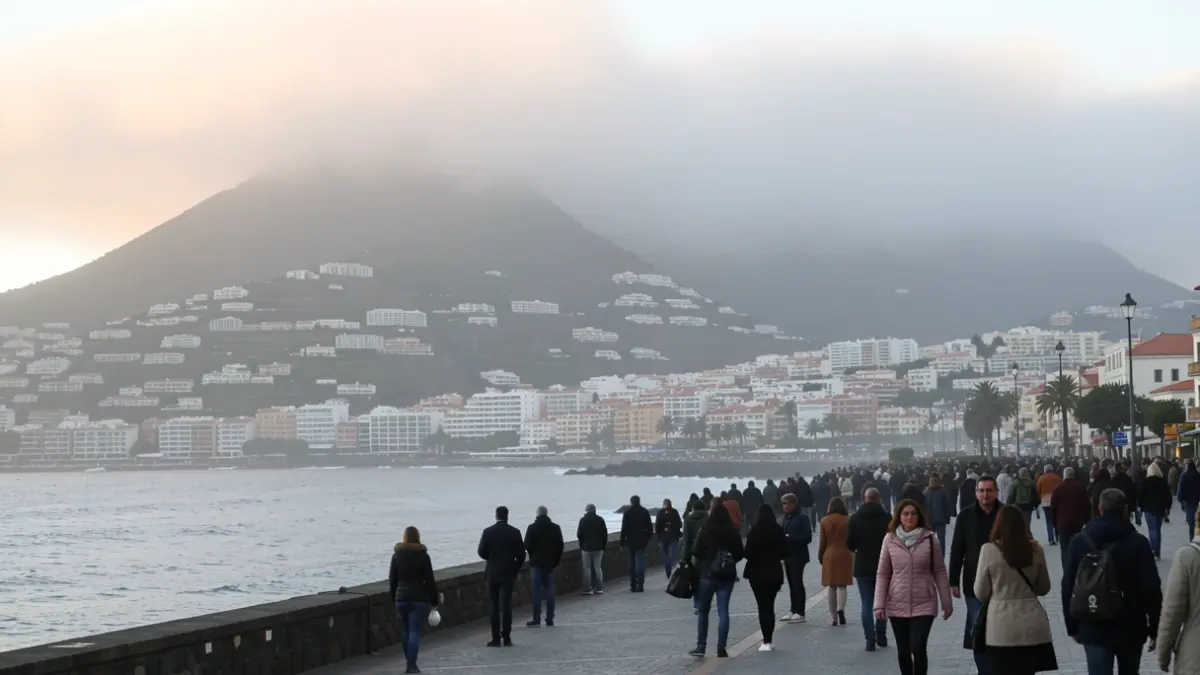 Generic image of morning fog over a coastal town in the Canary Islands with mountains in the background.