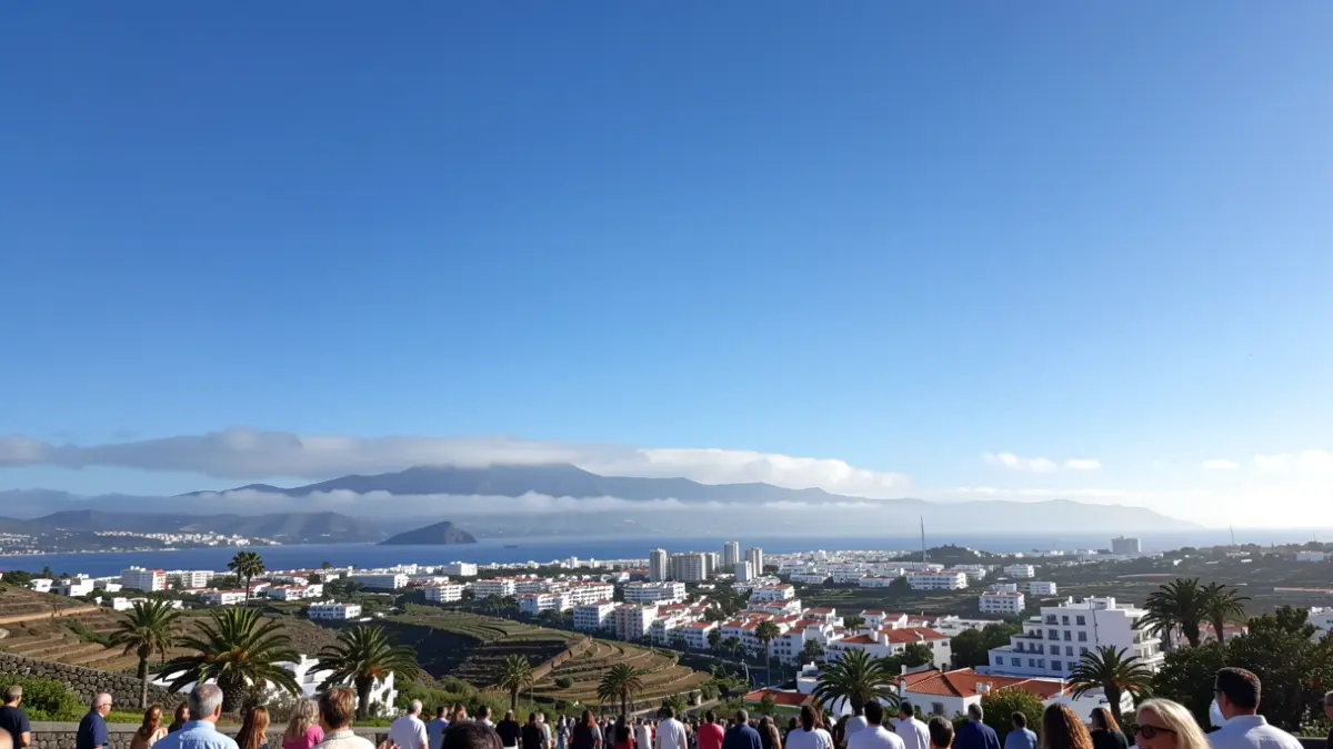 Clear and sunny sky over a coastal town in the Canary Islands with some morning mist.