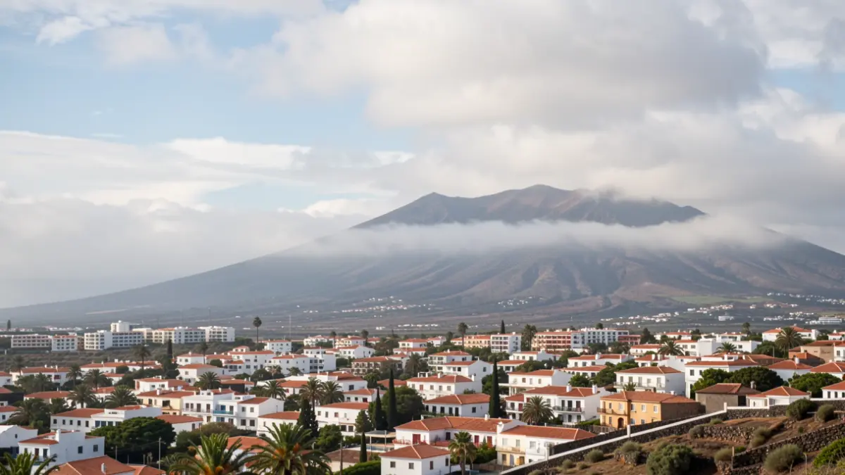 Generic image of a cloudy sky over a Canarian town with morning fog.