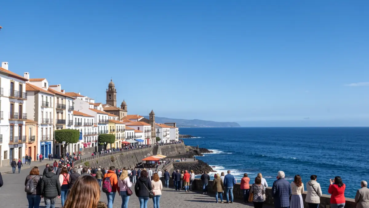 Cielo despejado sobre Santa Cruz de la Palma con arquitectura tradicional canaria y el océano.