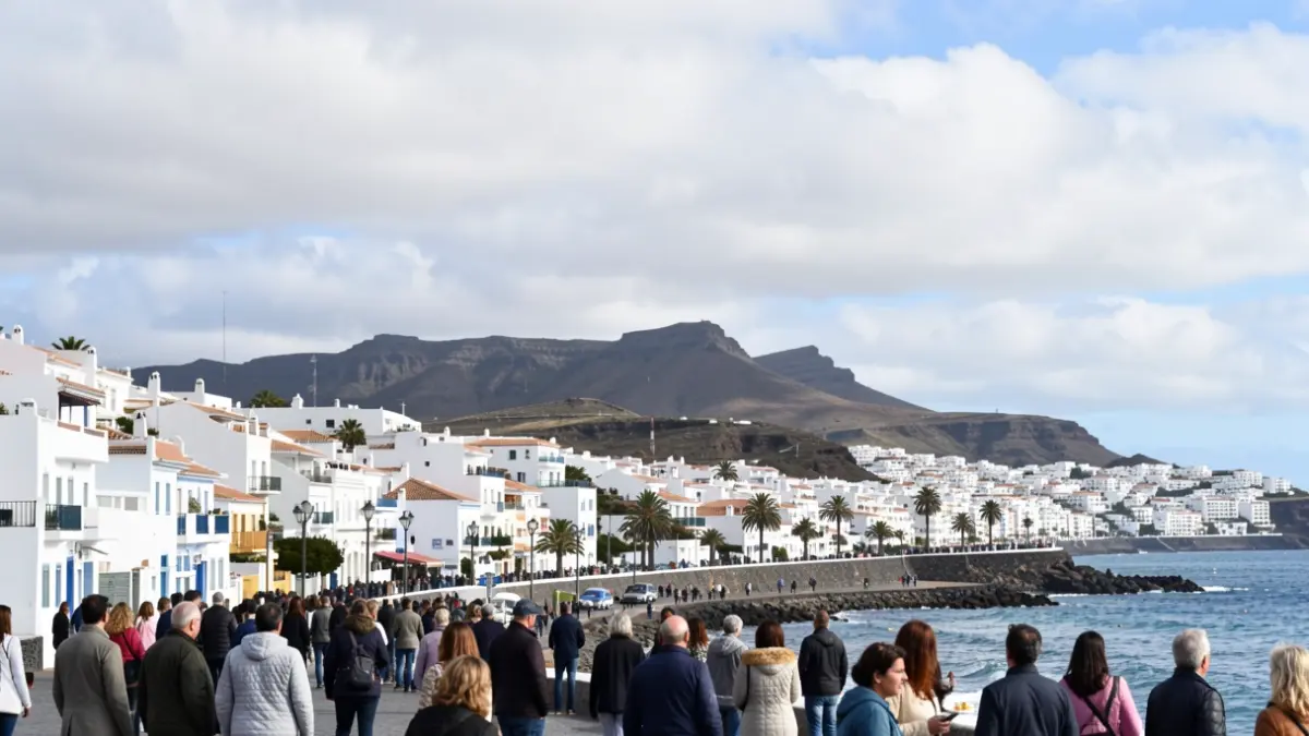 Partly cloudy sky over Santa María de Guía de Gran Canaria with traditional architecture.