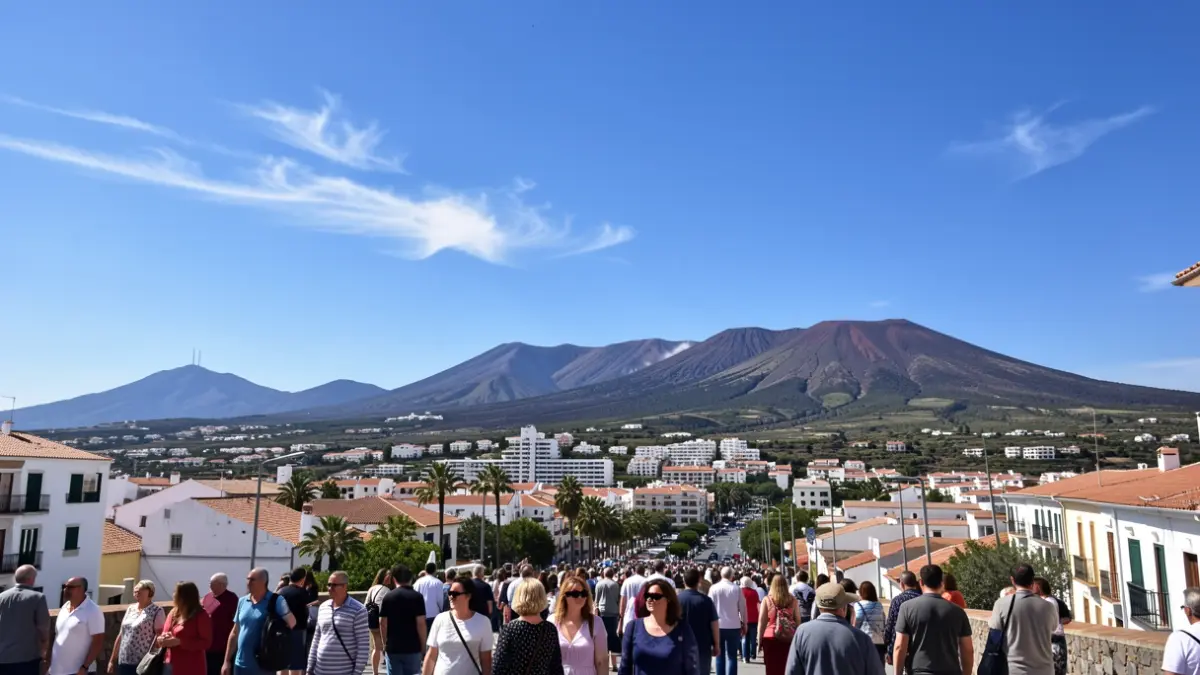 Generic image of a sunny sky over a town with volcanic hills in the background.
