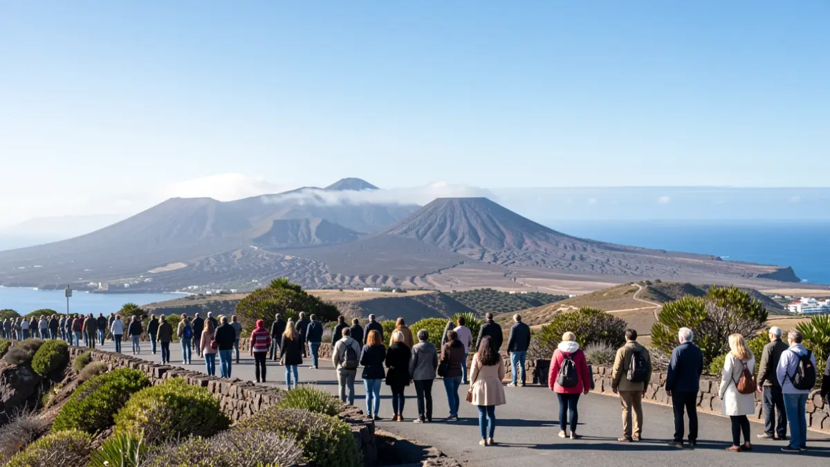 Sunny sky over Tazacorte, Canary Islands, with morning mist clearing and volcanic landscape in the background.