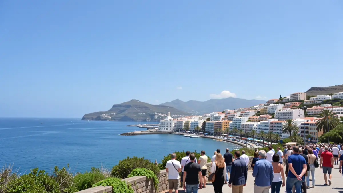 Cielo soleado sobre una localidad costera de Canarias con mar en calma.