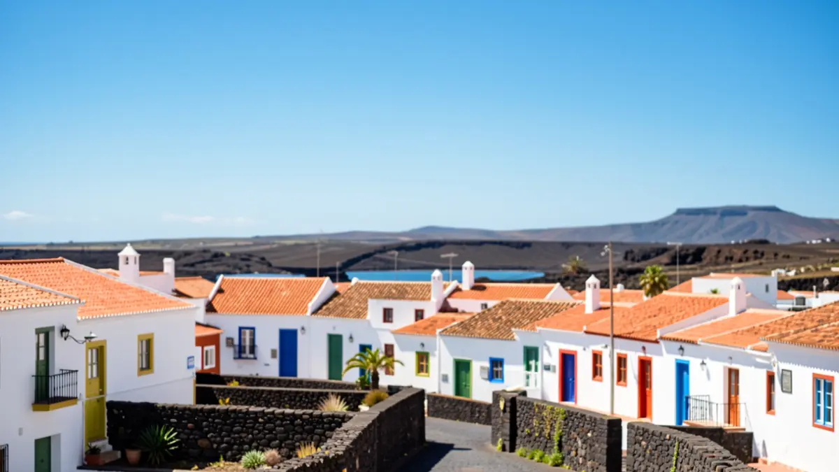 Sunny sky over Teguise, Lanzarote, with Canarian architecture and volcanic landscape.