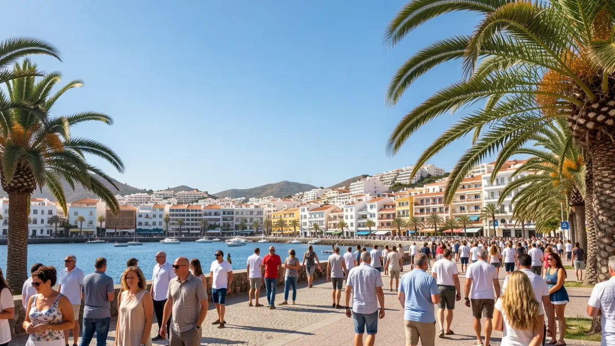 Sunny sky over a coastal town in the Canary Islands with a breeze.
