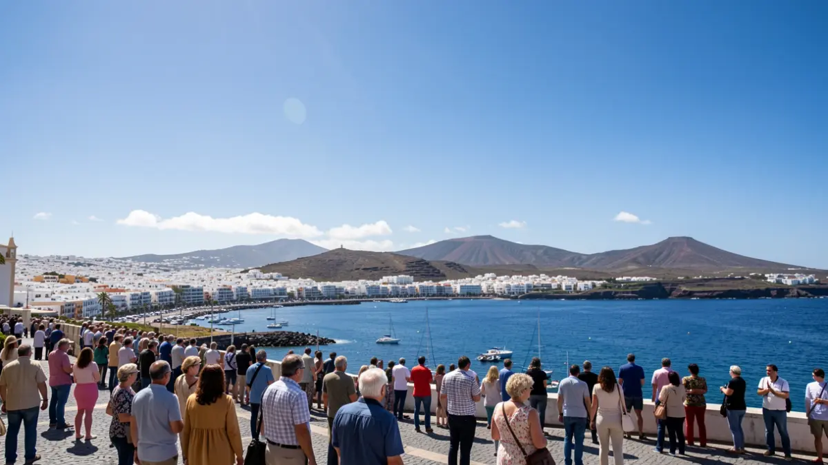 Clear sky over a coastal town in the Canary Islands with volcanic landscape in the background.