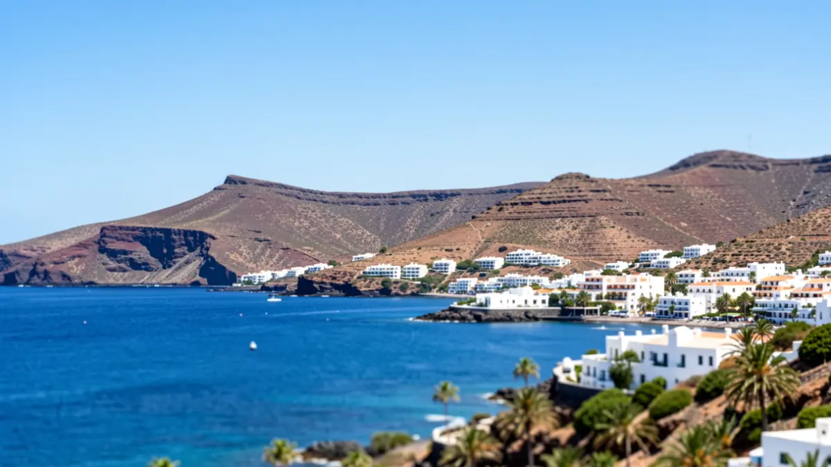 Sunny sky over a coastal town in the Canary Islands with volcanic hills in the background.
