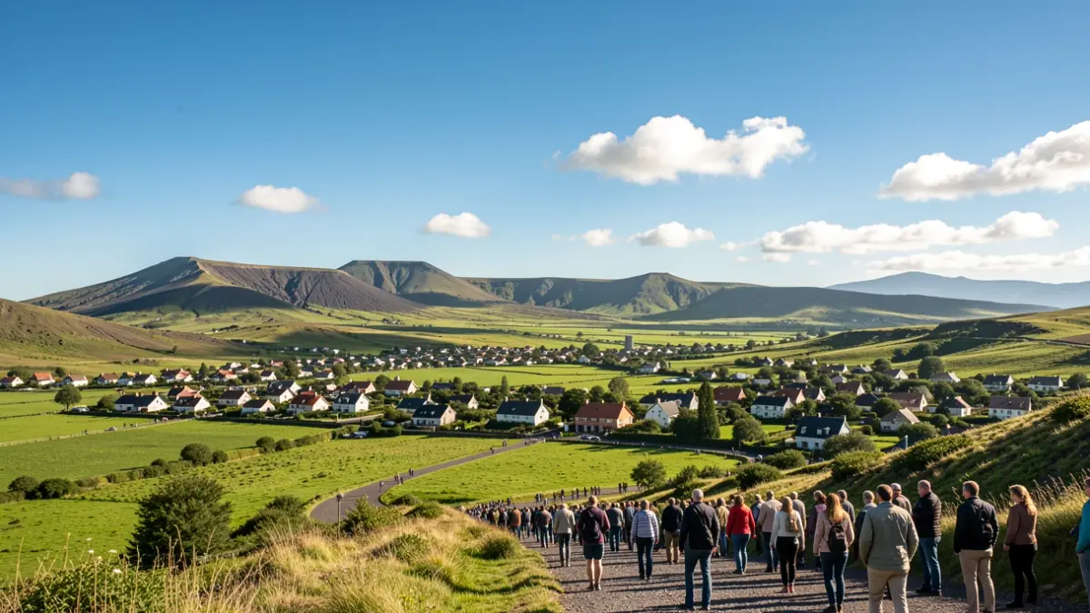 Sunny sky over a town in a green valley on a volcanic island.