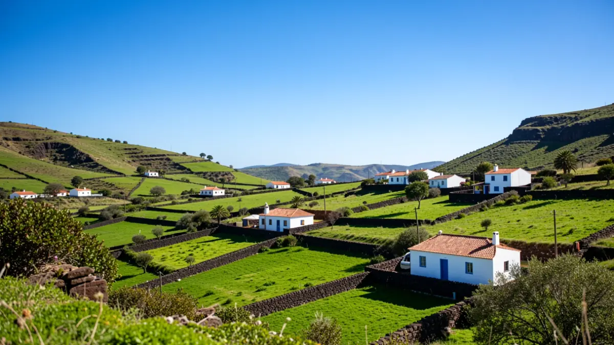 Cielo despejado y soleado sobre el valle de Valleseco, con casas tradicionales canarias y sol brillante.