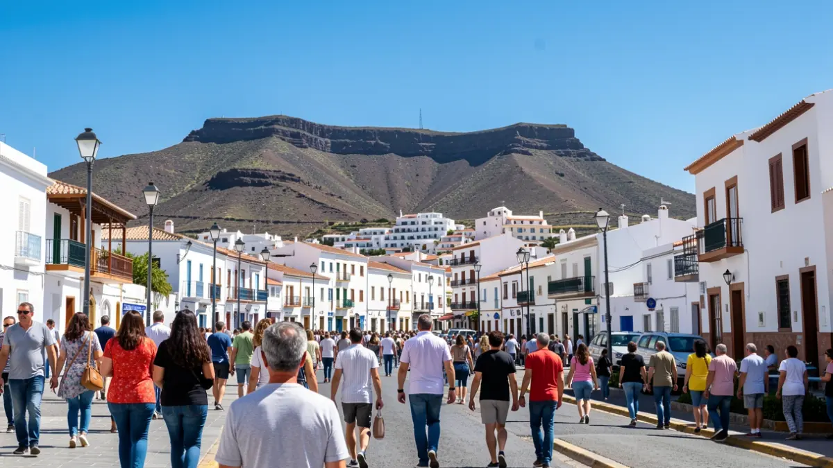 Sunny sky over Valsequillo de Gran Canaria with volcanic landscape in the background.