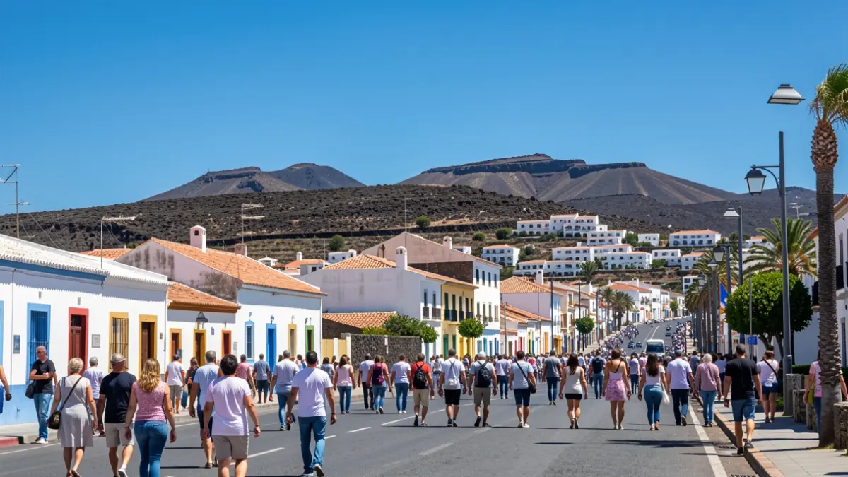 Cielo despejado sobre un pueblo de Gran Canaria con paisaje volcánico al fondo.