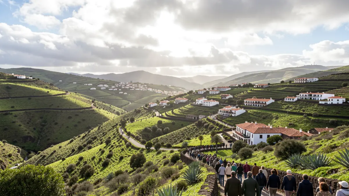 Imagen genérica de Vega de San Mateo con colinas verdes y arquitectura canaria bajo un cielo parcialmente nublado.