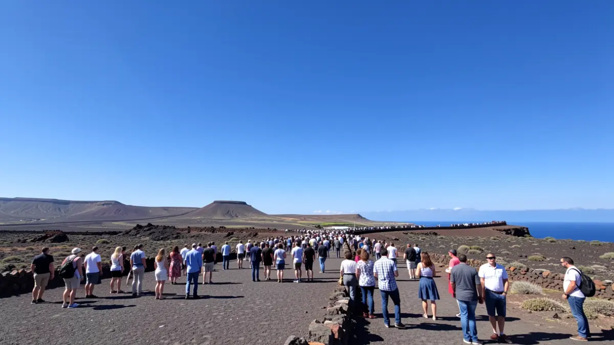 Cielo despejado y soleado sobre Yaiza, Lanzarote, con paisaje volcánico al fondo.