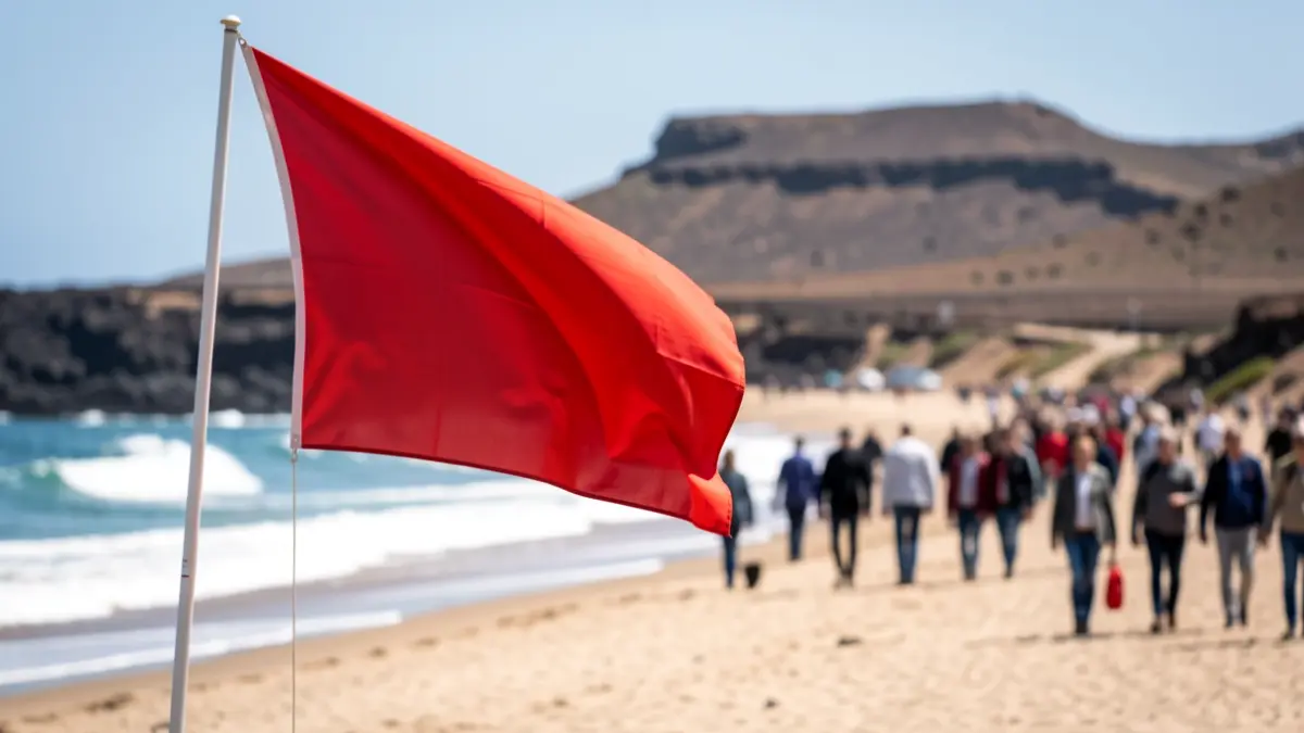 Red flag waving on a beach in Lanzarote with a volcanic landscape in the background.
