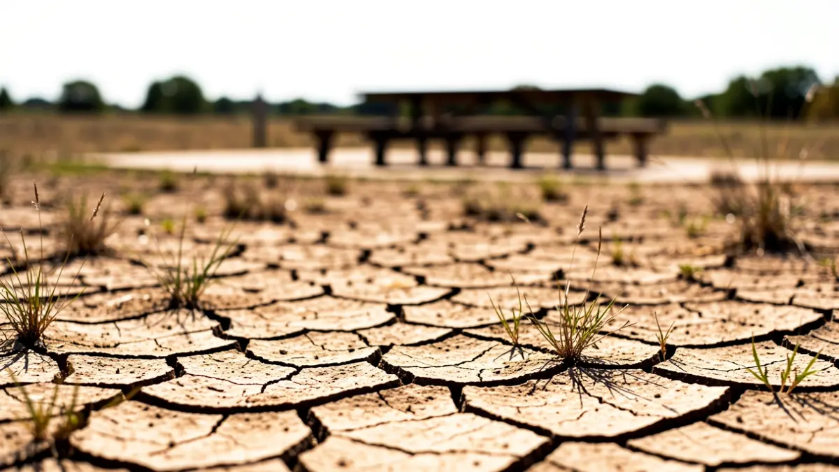 Generic image of a dry, cracked landscape with sparse vegetation under a harsh sun, with a blurred silhouette of a recreational area in the background.
