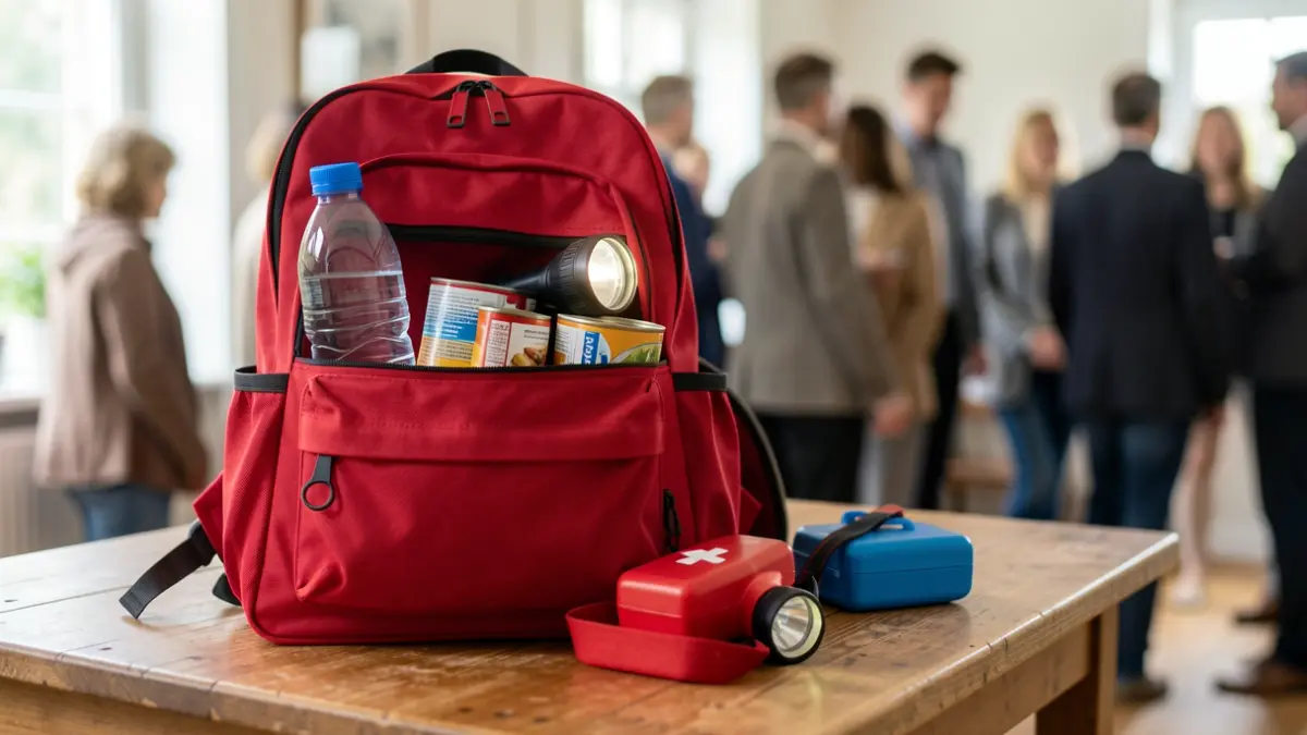 Emergency backpack with basic items for evacuation.